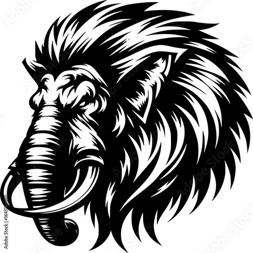 Magnificent Mammoth Illustration: An intense close-up illustration of a woolly mammoth's head, showcasing its formidable tusks and shaggy fur.