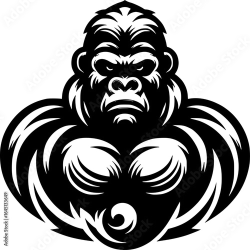 Majestic Gorilla Emblem: A striking black and white emblem of a powerful gorilla, showcasing its imposing strength and commanding presence. 
