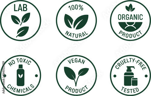 Eco Certification Icon Set with Natural Organic Vegan Cruelty Free and Lab Tested Labels – Vector Badge Design