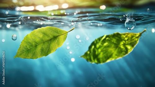 Abstract underwater scene with shimmering leaves and gentle bubbles