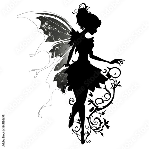 Black silhouette of a fairy on grey background.