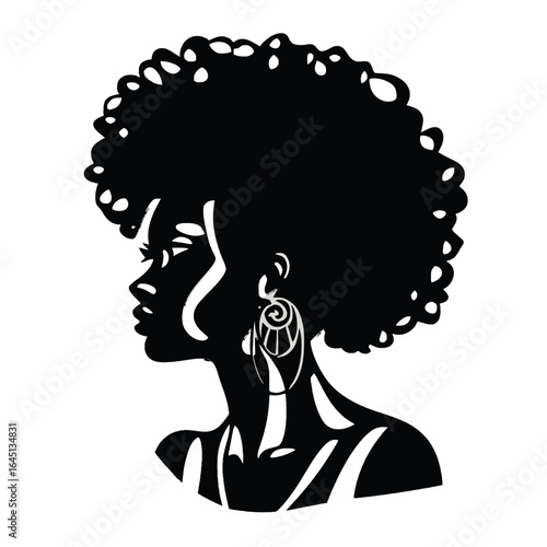 Black silhouette of a woman with afro-textured hair on white background.