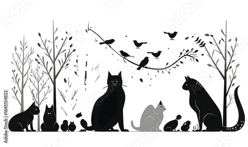 Black silhouette of many cats and birds on white background.