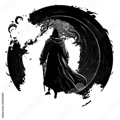 Black silhouette of a man in the hood on white background.