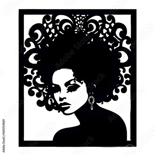 Black silhouette of a woman with afro-textured hair on white background.