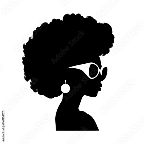 Black silhouette of a woman with afro-textured hair on white background.
