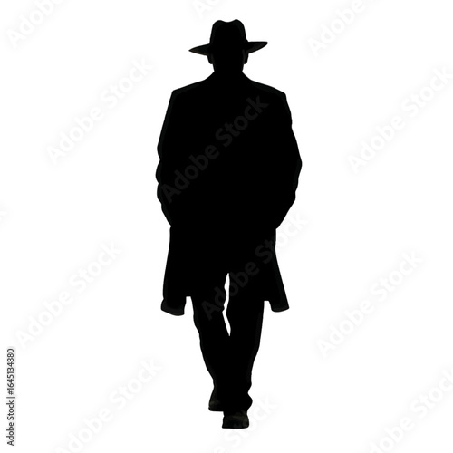 Black silhouette of a man in the hat on white background.