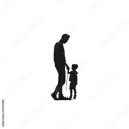 Black silhouette of father and son on white background.