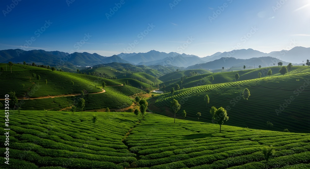 Obraz premium Lush Green Tea Plantation Rolling Hills Under Bright Sunlight in Mountain Landscape