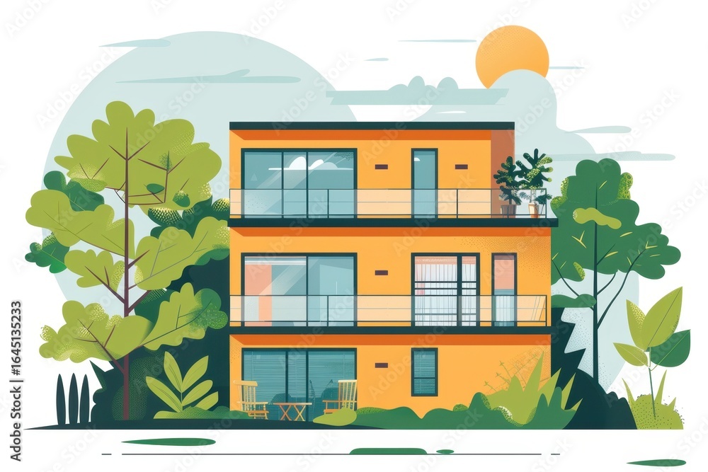 Fototapeta premium Modern Yellow House with Lush Garden Illustration