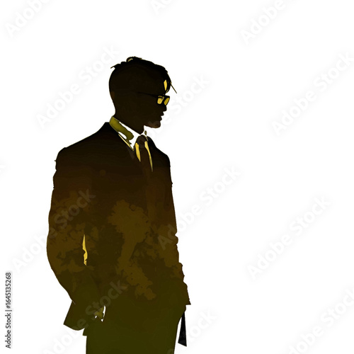 Black silhouette of a man with glasses on yellow tree background.