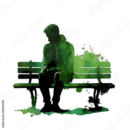 Green silhouette of a man on a bench on white background.