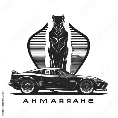 Black silhouette of panther and car on white background. Logo