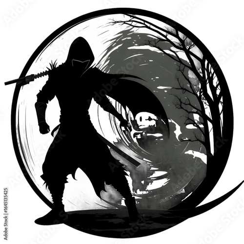 Black silhouette of samurai in a circle on white background.