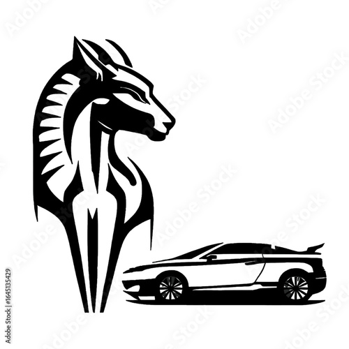 Black silhouette of horse and car on white background. Logo