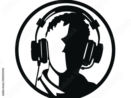 Black silhouette of a man wearing headphones on white background.
