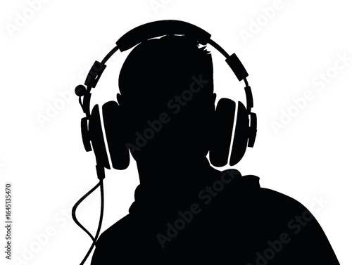 Black silhouette of a man wearing headphones on white background.