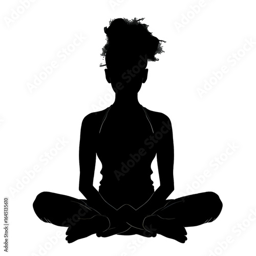 Black silhouette of a meditating girl on white background.