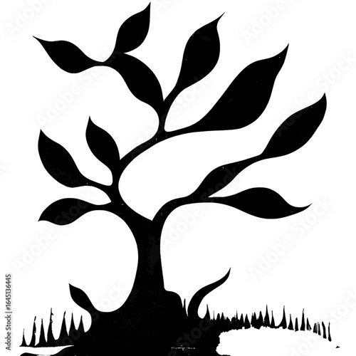 Black silhouette of a tree on grey background.