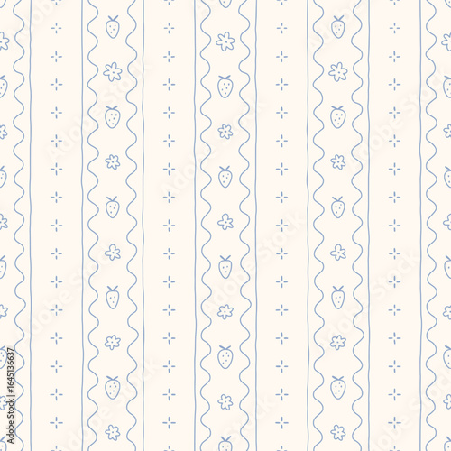 Hand drawn strawberry regency striped seamless pattern with a charming whimsical cottage core design. Soft blue pastel and nostalgic print. Perfect for textiles and romantic vintage-inspired decor.