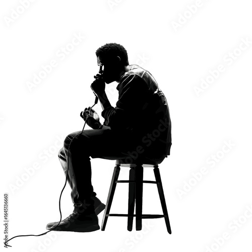 Black silhouette of a sitting boy with a microphone on white background.