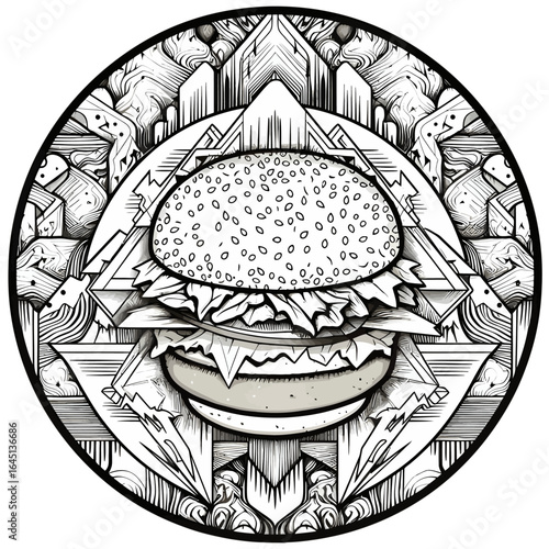 Black silhouette of a burger in a circle on white background.