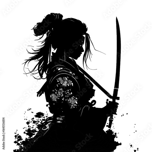 Black silhouette of a girl with a sword on grey background.