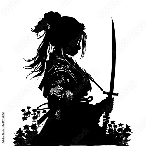 Black silhouette of a girl with a sword on grey background.