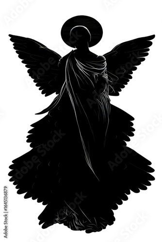Black silhouette of a woman as angel on white background.