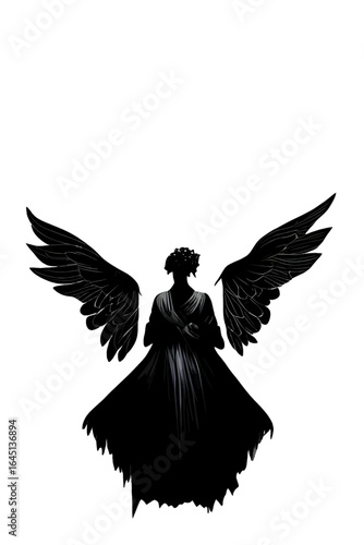 Black silhouette of a woman as angel on white background.