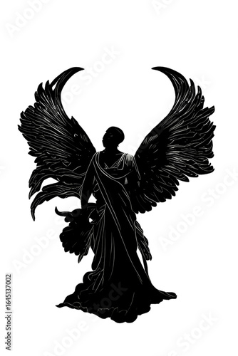 Black silhouette of a woman as angel on white background.