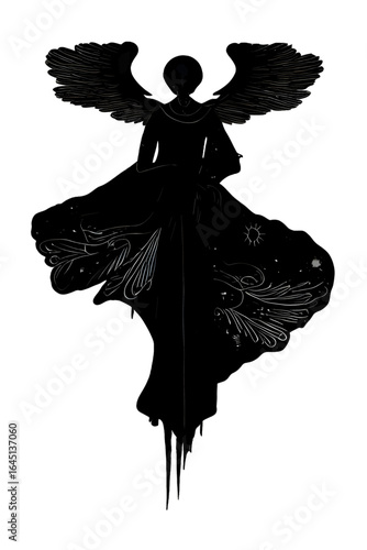 Black silhouette of a woman as angel on white background.