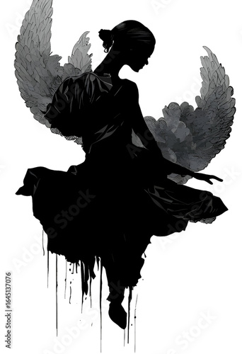 Black silhouette of a woman as angel on white background.