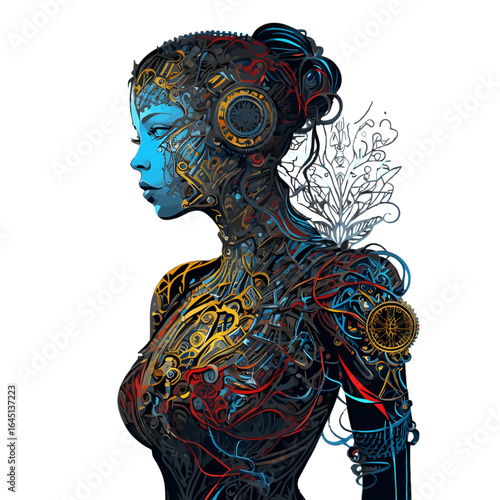 Colorful composition of a machine woman on a white background
