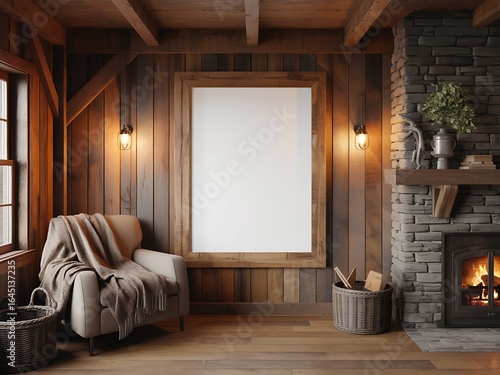 Rustic cabin living room mockup with blank framed art fireplace armchair and wood paneling