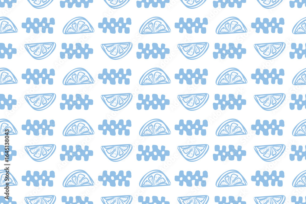 Fototapeta premium Blue summer seamless pattern. Abstract checkered elements, fruits. Vector mosaic background. Geometric square shapes with lemons. Mediterranean wallpaper, print, textile