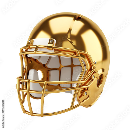 Shiny golden American football helmet. Sports gear. Represents a Cup or Trophy. 3D rendered illustration. Set against a white background.