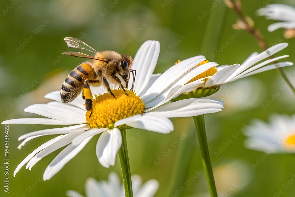 Obraz premium Honeybee collecting nectar from a white daisy flower in a field