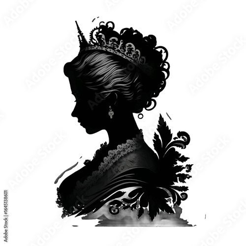 Black silhouette of a women in the crown on white background.