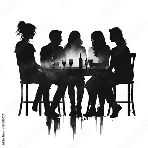 Black silhouette of five people at a table on white background.