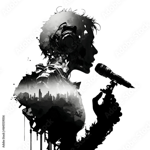 Black silhouette of a singer on white background.