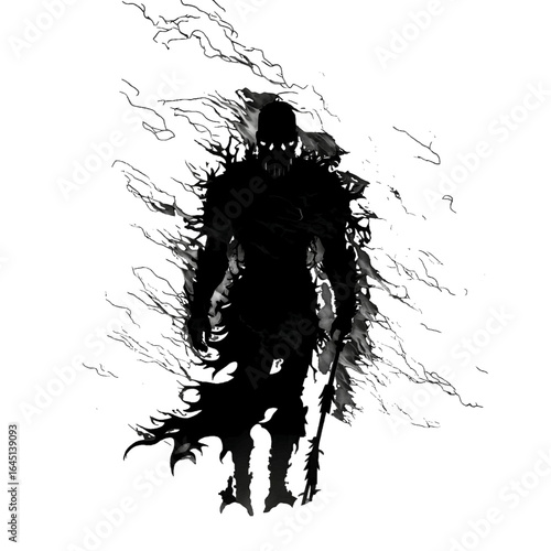 Black silhouette of a warrior on dark background.