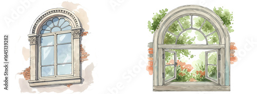 Two arched windows with views of blue sky and lush greenery in a watercolor style illustration art on transparent background
