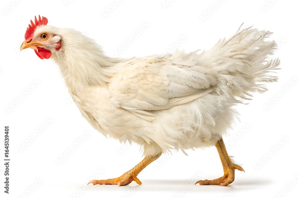 Fototapeta premium A young white chicken walking against a white background