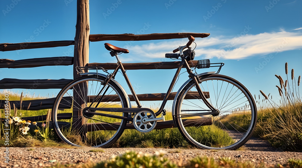 Naklejka premium Vintage bicycle resting by rustic wooden fence