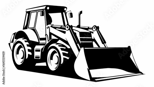 Illustration of a black and white backhoe loader with a large front bucket and visible tires and cabin silhouette