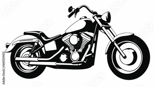 Illustration of a black and white motorcycle with detailed engine and classic design elements displayed silhouette