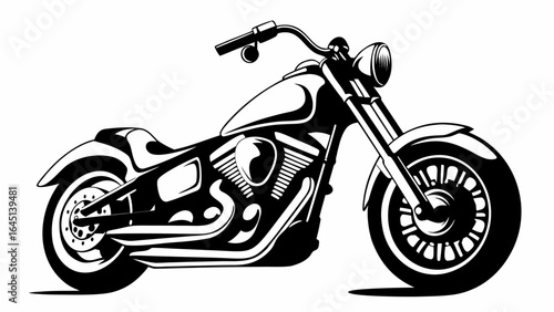 Detailed monochrome illustration of a classic motorcycle with prominent engine details and sleek design silhouette