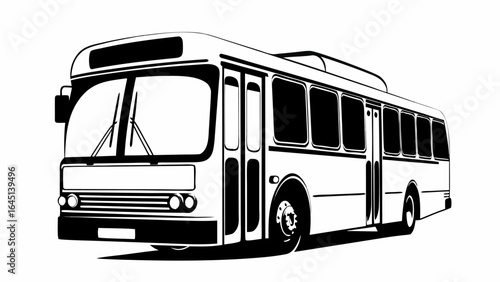 Illustration of a black and white bus with windows doors wheels and windshield wipers in detail view silhouette