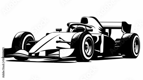 A detailed black and white illustration of a formula one race car with sleek aerodynamic design features silhouette